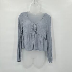 Boho Hollister Striped Tie‎ Front Babydoll Top Small Blue White Peplum Coastal